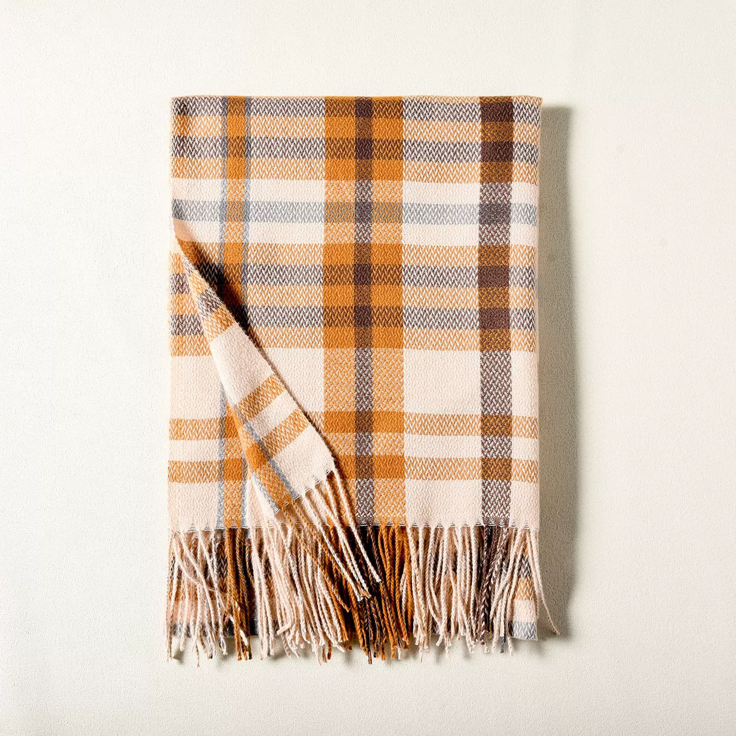 Faux Cashmere Plaid Scarf with Fringe view 9