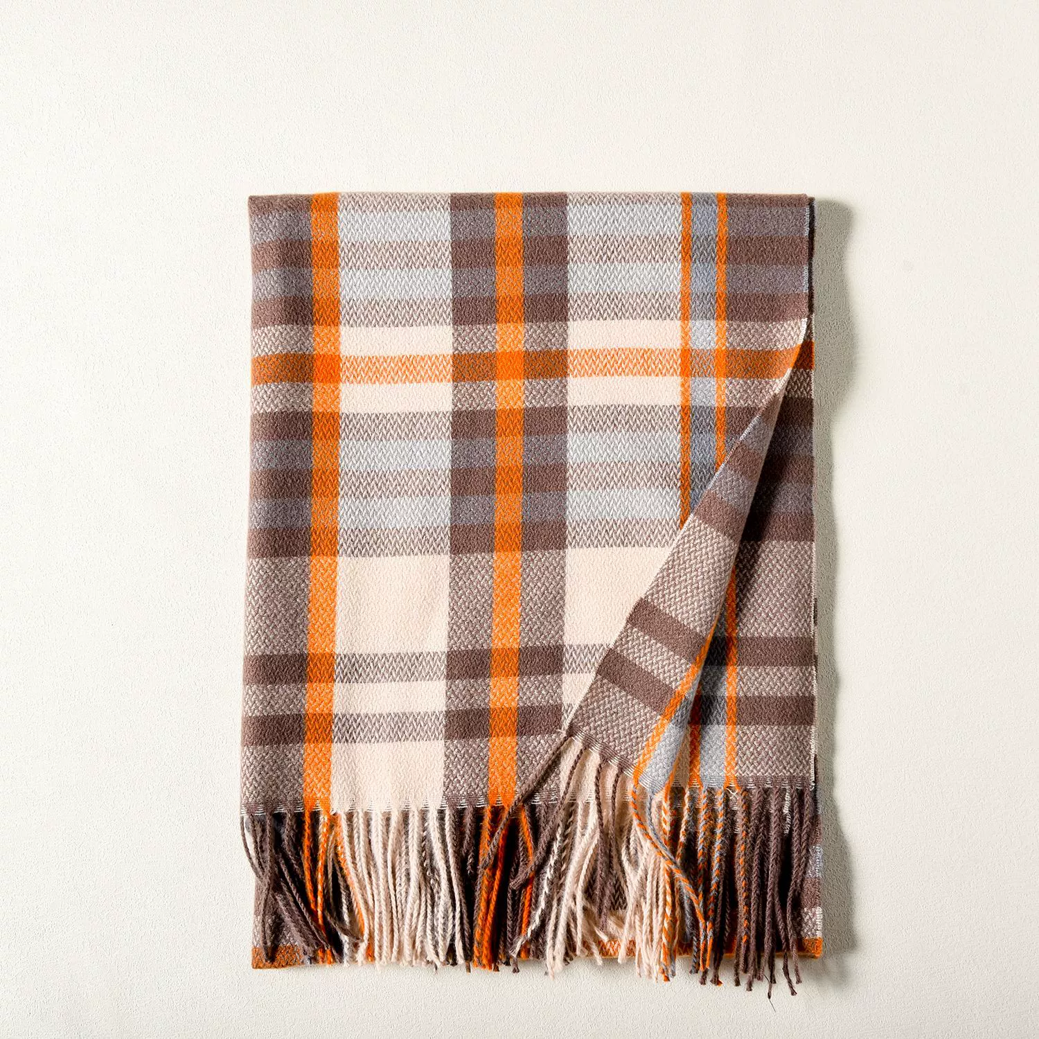 Faux Cashmere Plaid Scarf with Fringe view 10
