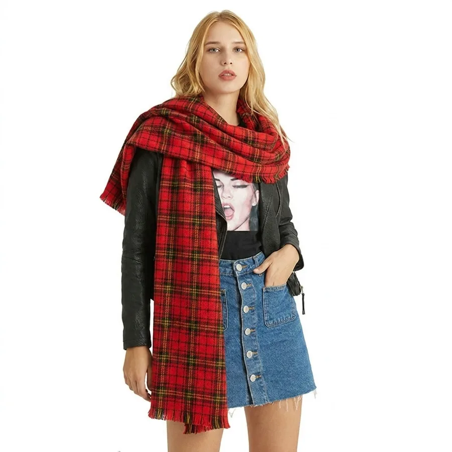 Acrylic Plaid Scarf with Fringe
