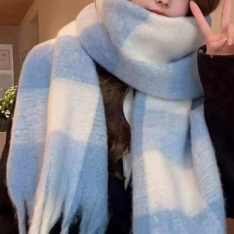 Blue and White Plaid Faux Cashmere Scarf