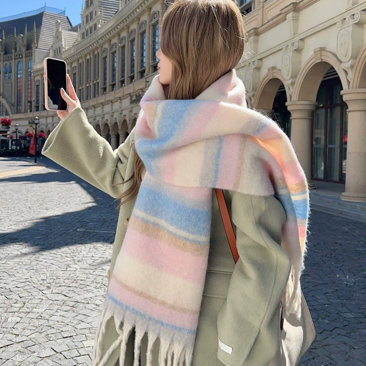 Striped Faux Cashmere Scarf for Women view 2
