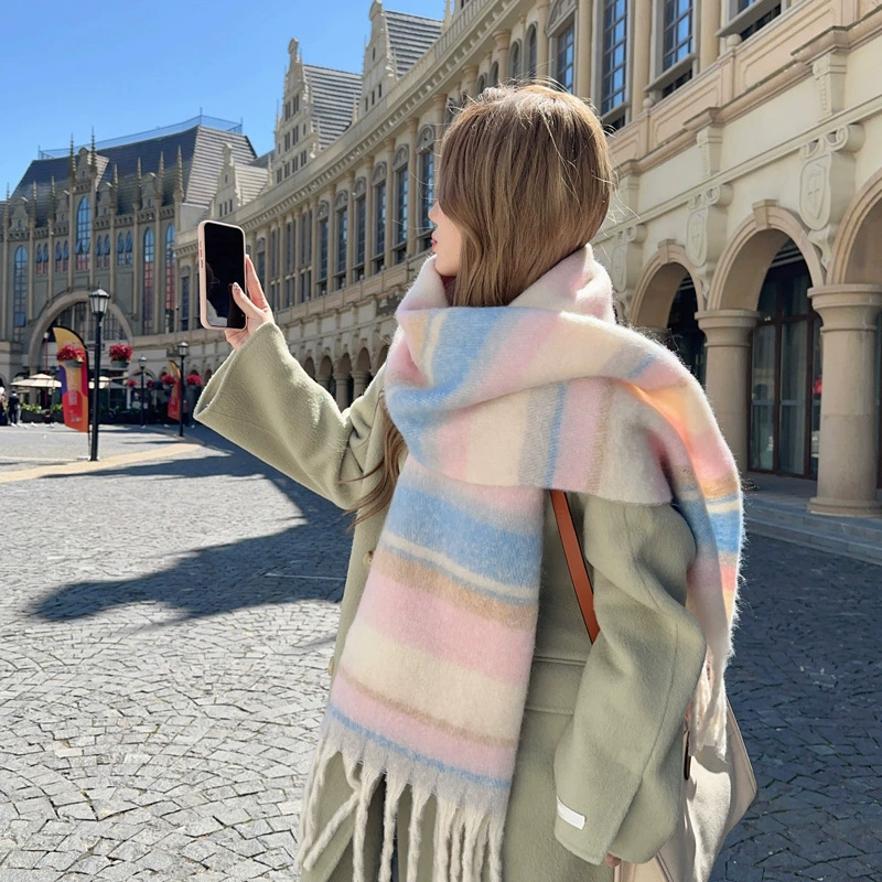 Striped Faux Cashmere Scarf for Women view 7