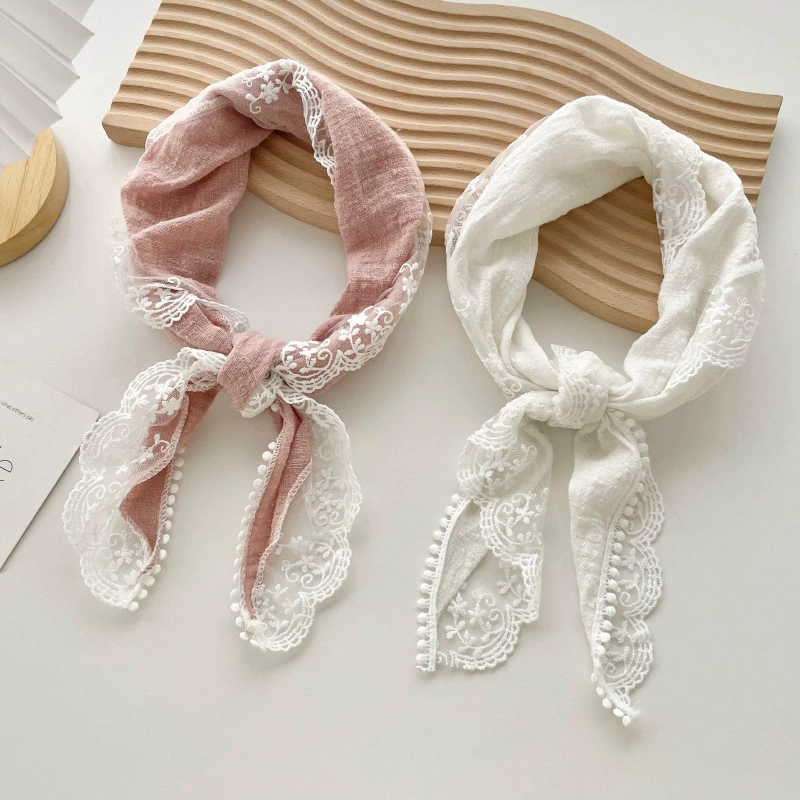 Lace Trim Cotton Linen Triangle Scarf
