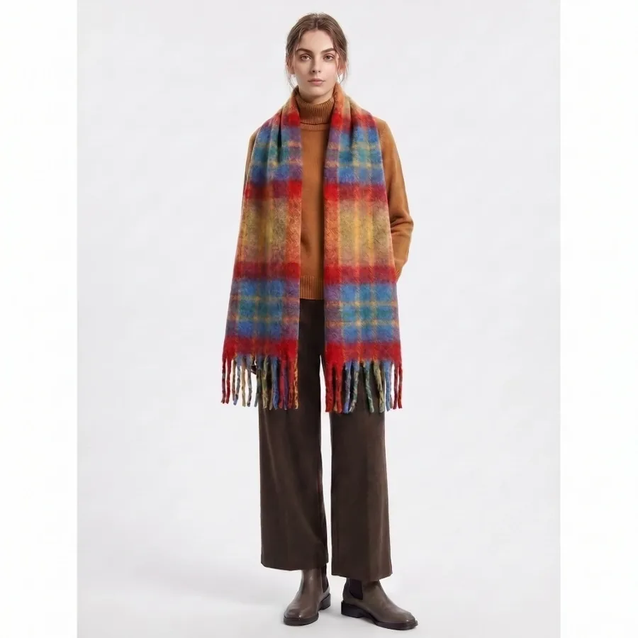 Wool Blend Plaid Scarf with Fringe