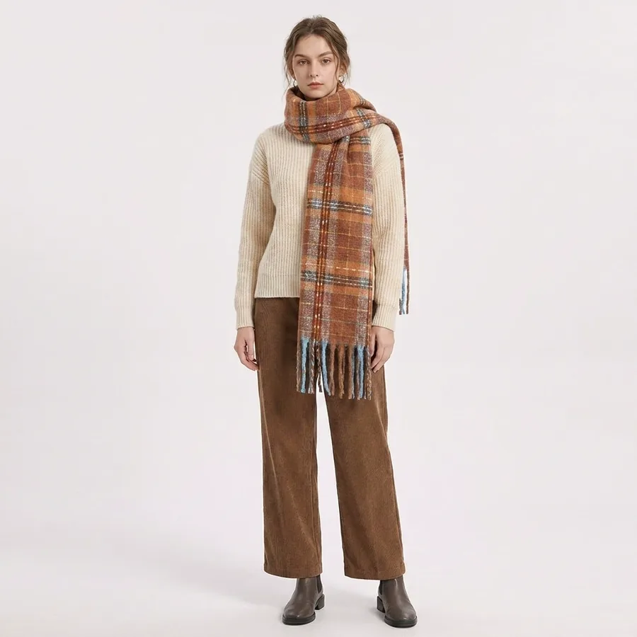 Polyester Plaid Scarf with Fringe