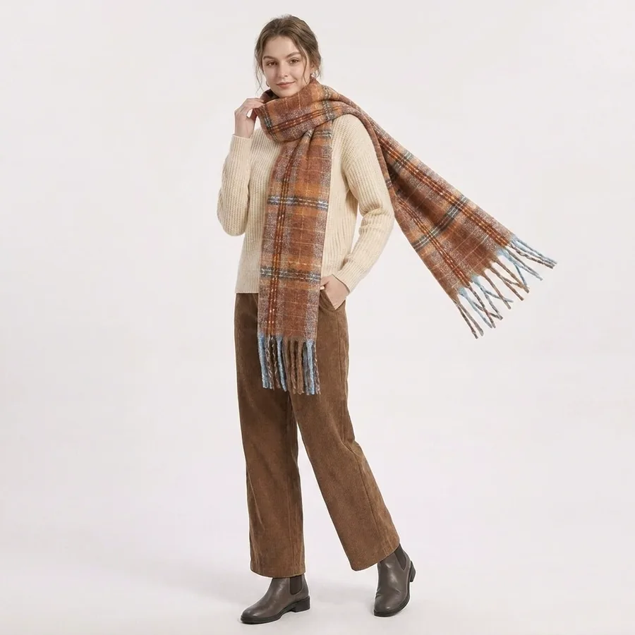 Polyester Plaid Scarf with Fringe view 2
