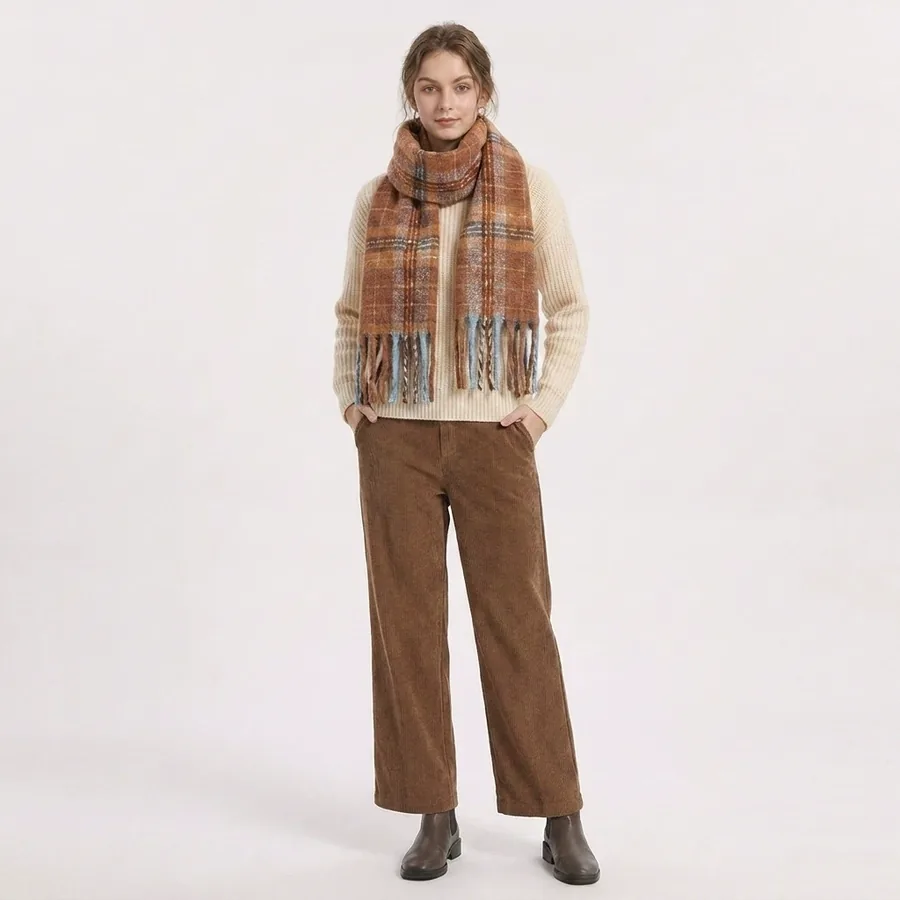 Polyester Plaid Scarf with Fringe view 3