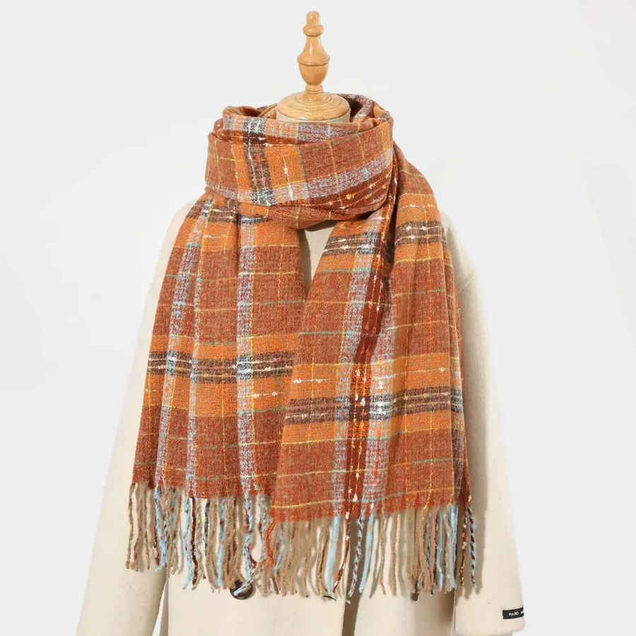 Polyester Plaid Scarf with Fringe view 7