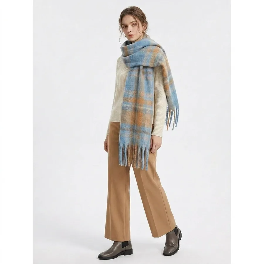 Polyester Plaid Scarf with Fringe