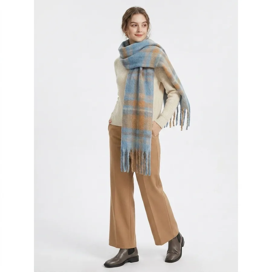 Polyester Plaid Scarf with Fringe view 2