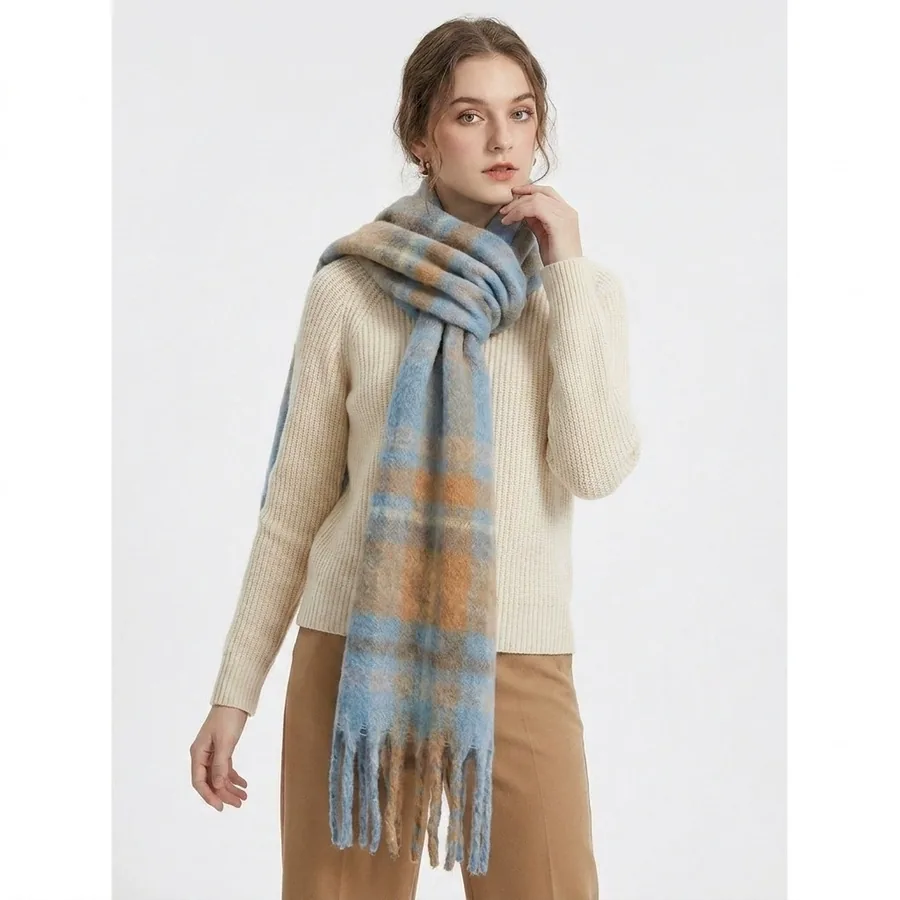 Polyester Plaid Scarf with Fringe view 3
