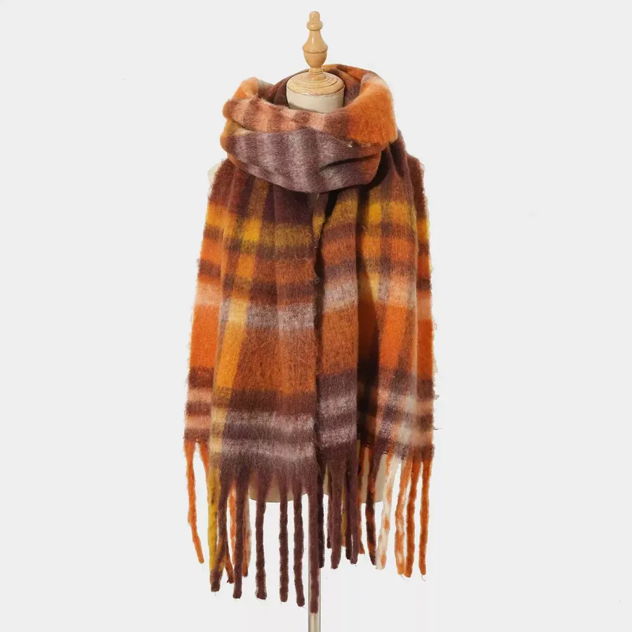 Polyester Plaid Scarf with Fringe view 6
