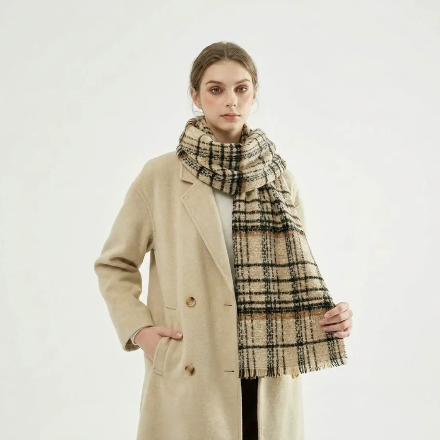 Polyester Plaid Scarf with Fringe