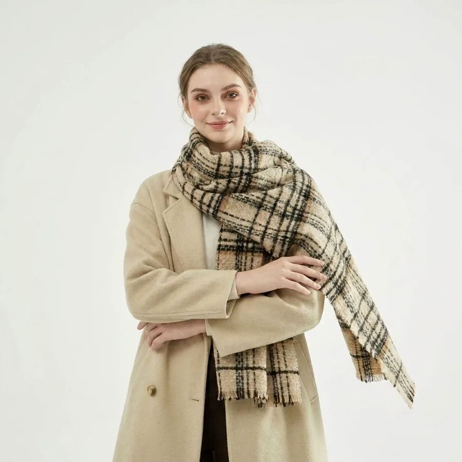 Polyester Plaid Scarf with Fringe view 3