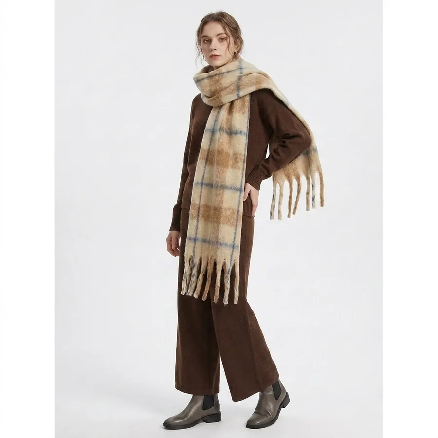 Polyester Plaid Scarf with Fringe view 2