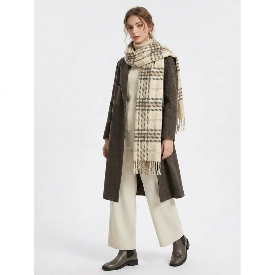 Polyester Plaid Scarf with Fringe