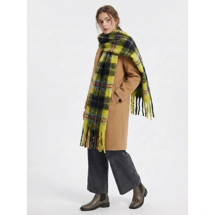 Polyester Mohair Plaid Scarf with Fringe