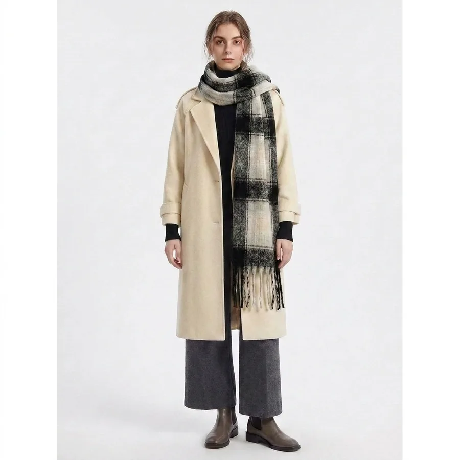 Polyester Mohair Plaid Scarf with Fringe