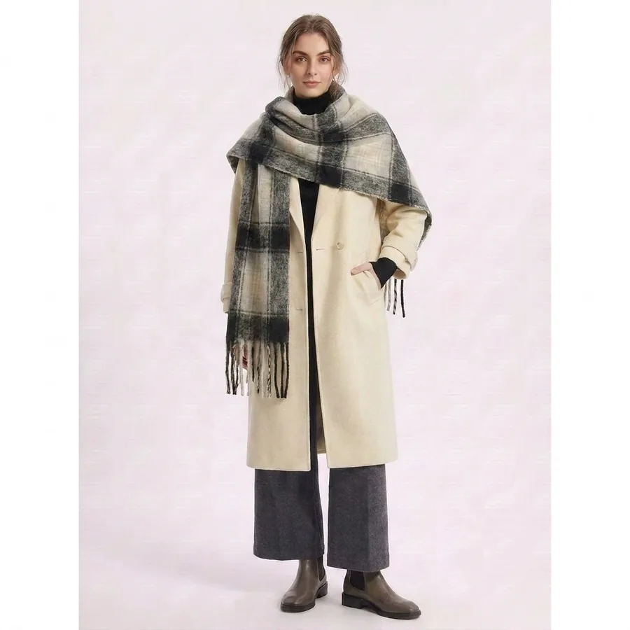 Polyester Mohair Plaid Scarf with Fringe view 2