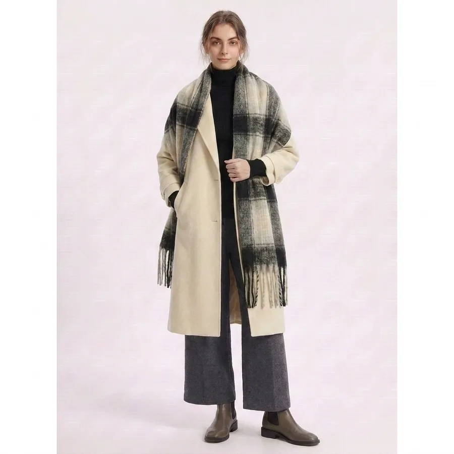 Polyester Mohair Plaid Scarf with Fringe view 3