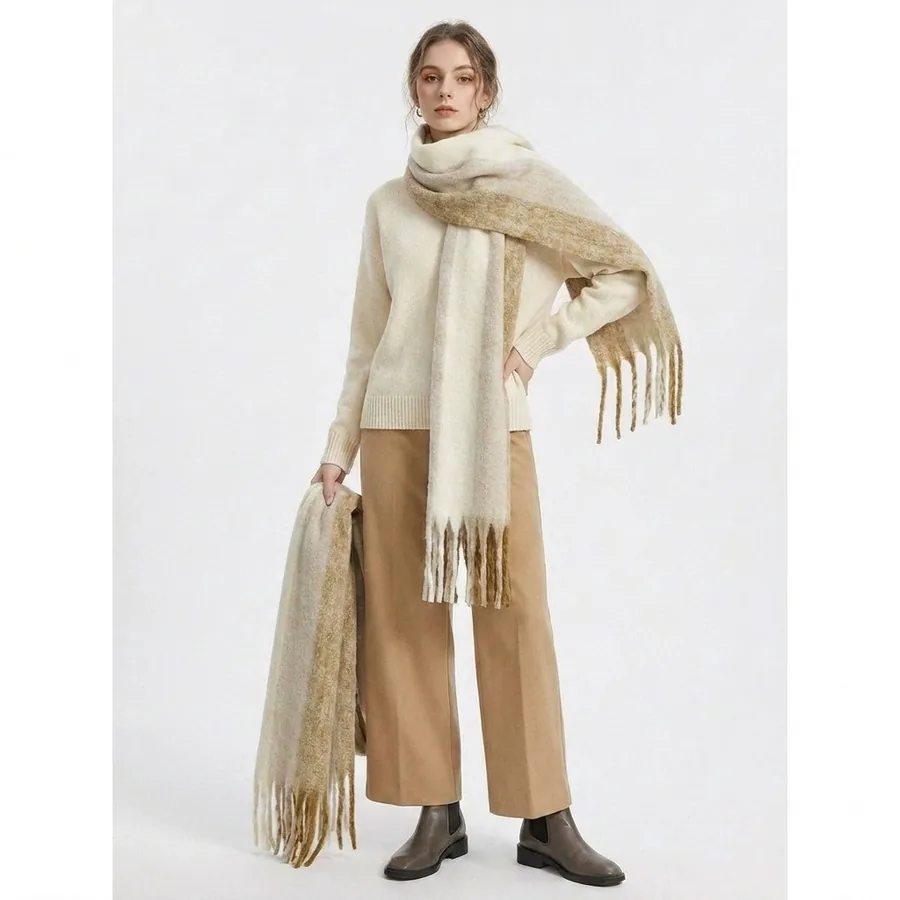 Polyester Mohair Stripe Scarf with Fringe