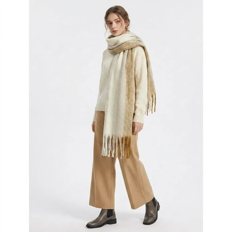 Polyester Mohair Stripe Scarf with Fringe view 2