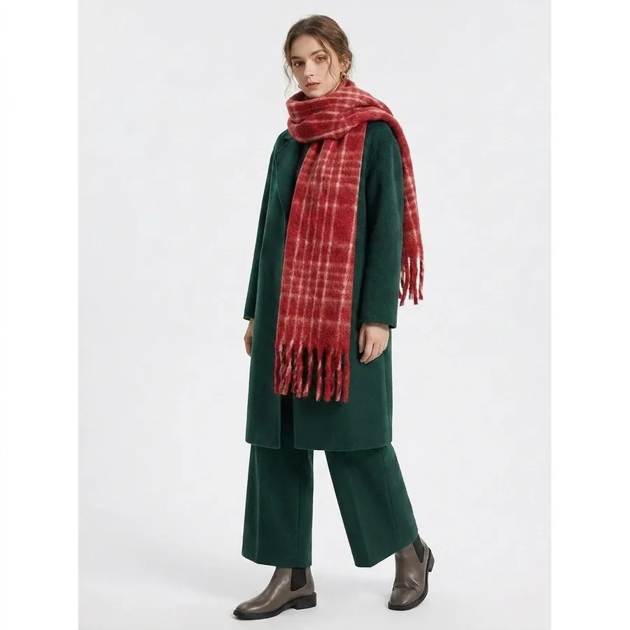 Wool Blend Plaid Scarf with Fringe