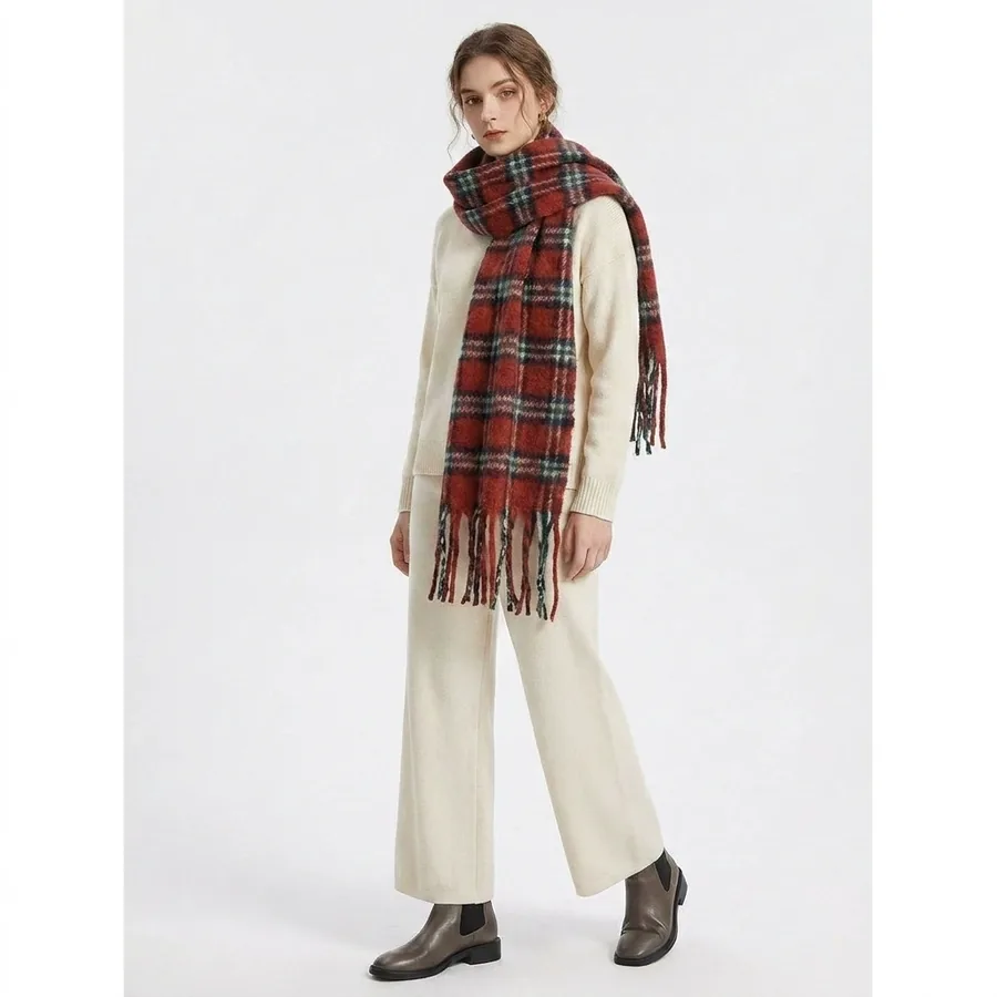 Polyester Plaid Scarf with Fringe