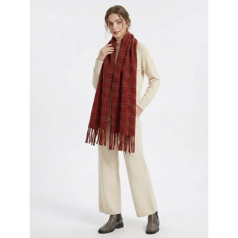 Polyester Plaid Scarf with Fringe