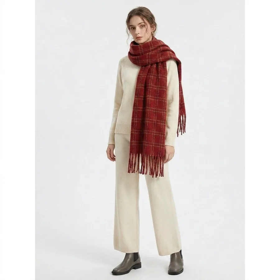 Polyester Plaid Scarf with Fringe view 2