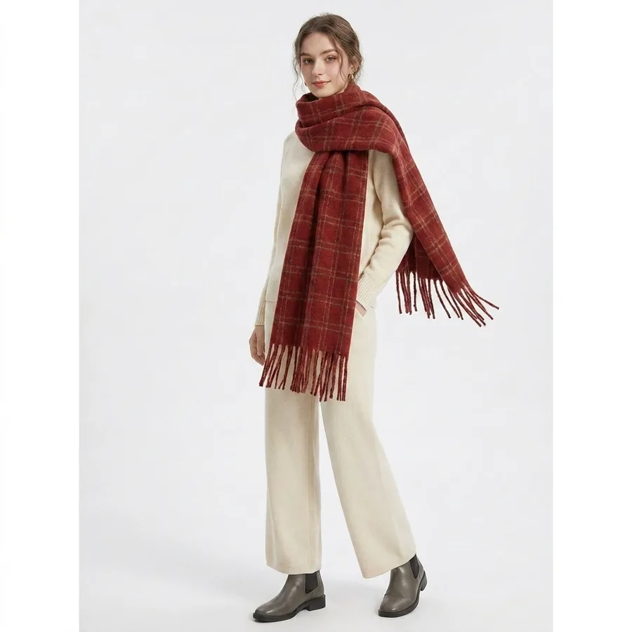 Polyester Plaid Scarf with Fringe view 3