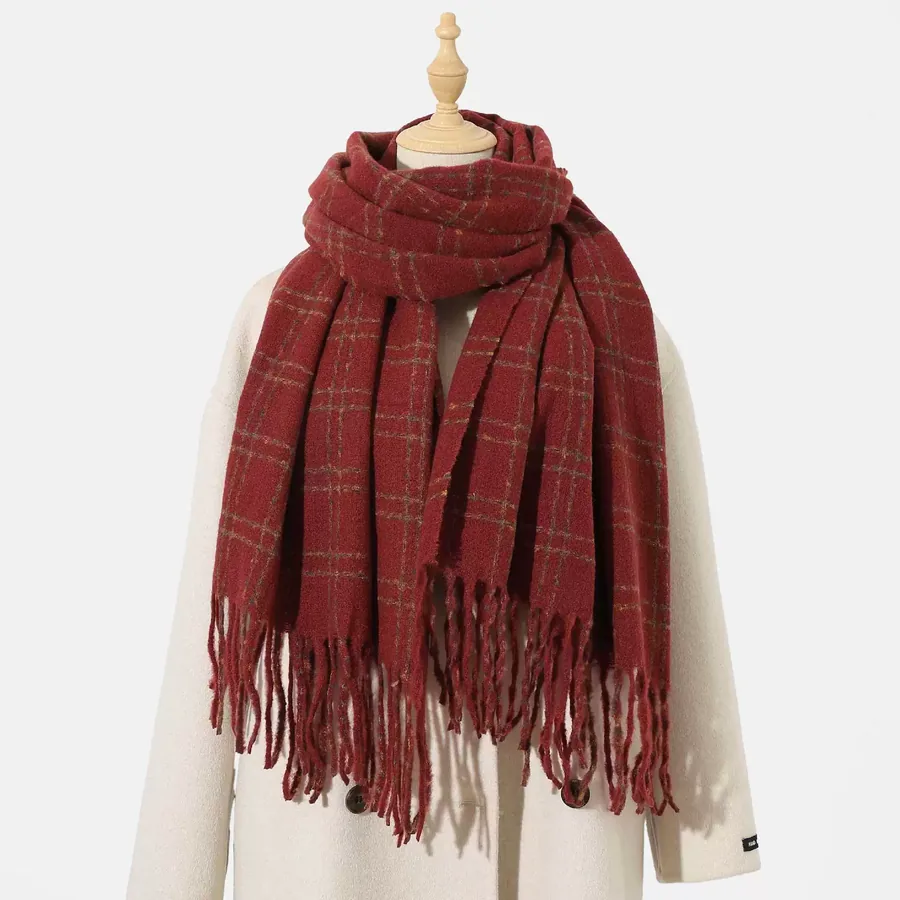 Polyester Plaid Scarf with Fringe view 6