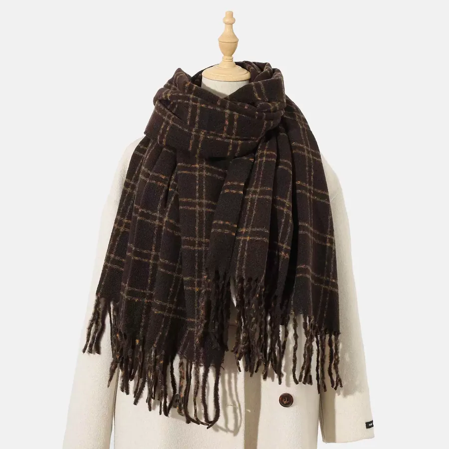 Polyester Plaid Scarf with Fringe view 7
