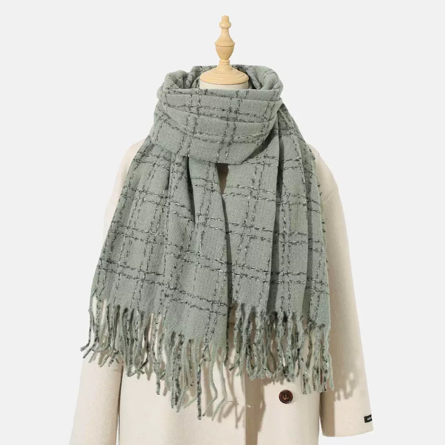 Polyester Plaid Scarf with Fringe view 8