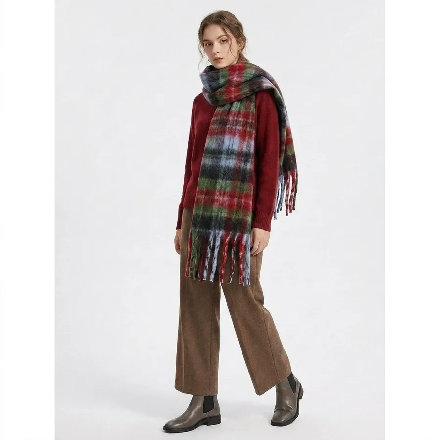 Polyester Color Block Scarf with Fringe