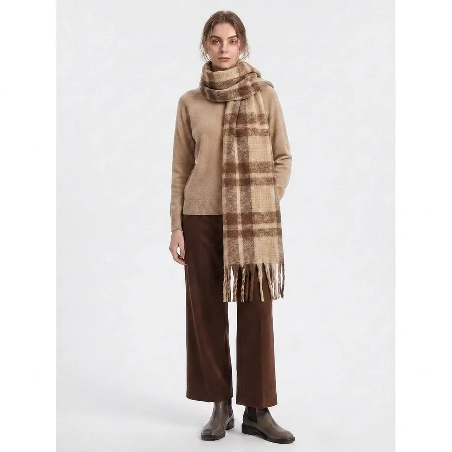 Polyester Mohair Plaid Scarf with Fringe