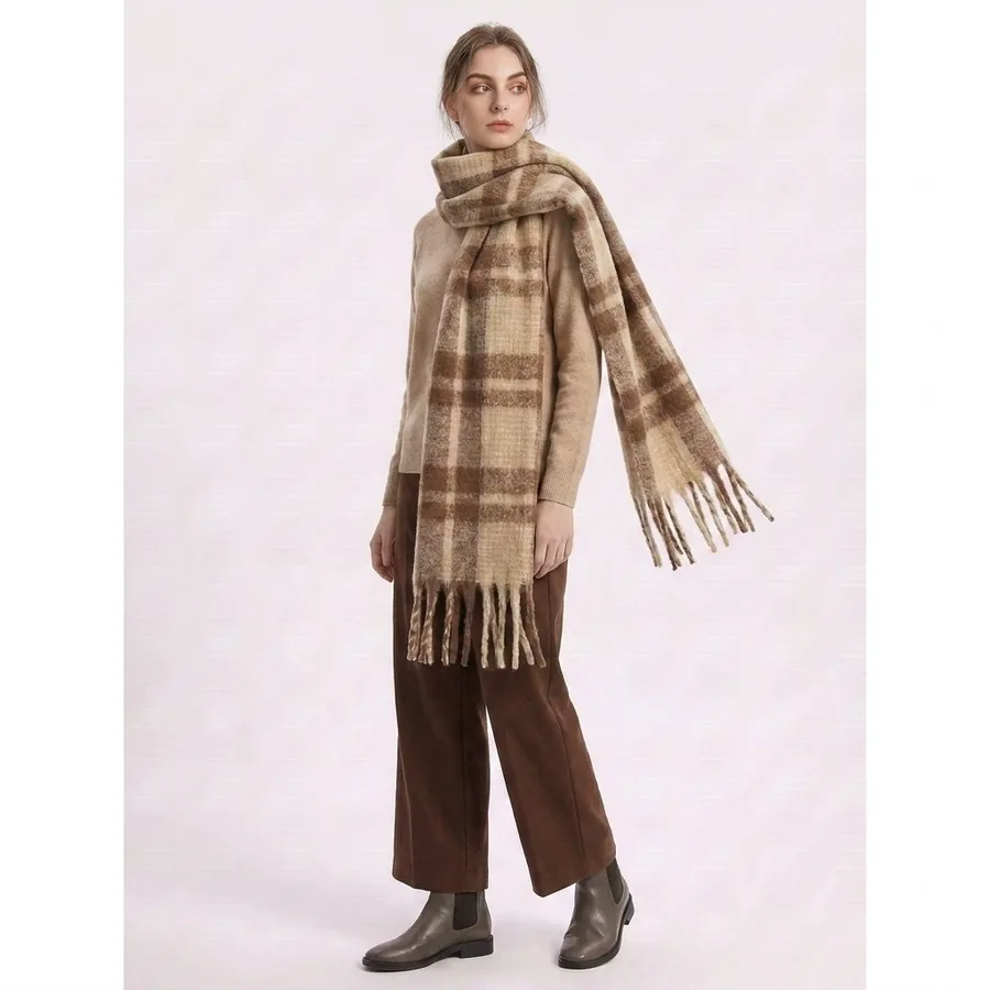 Polyester Mohair Plaid Scarf with Fringe view 2