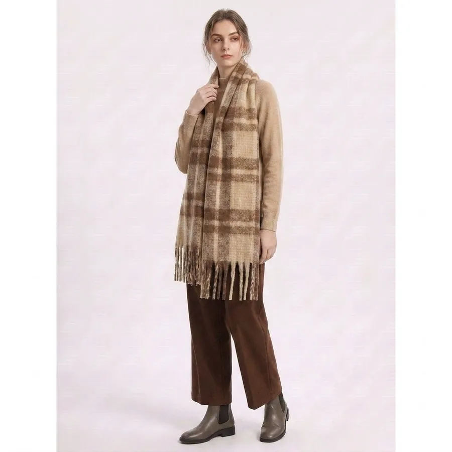 Polyester Mohair Plaid Scarf with Fringe view 3