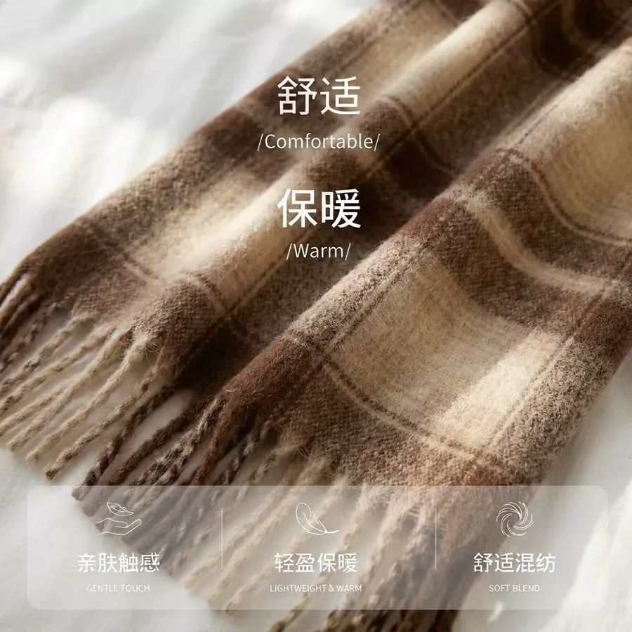 Polyester Mohair Plaid Scarf with Fringe view 4