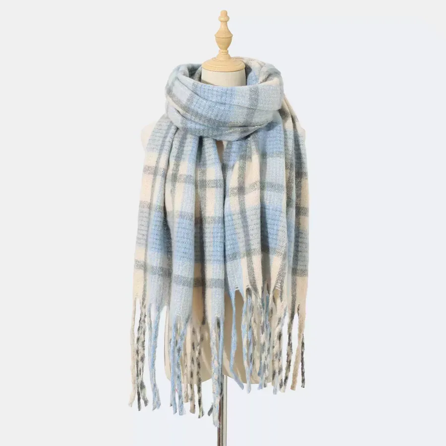 Polyester Mohair Plaid Scarf with Fringe view 6