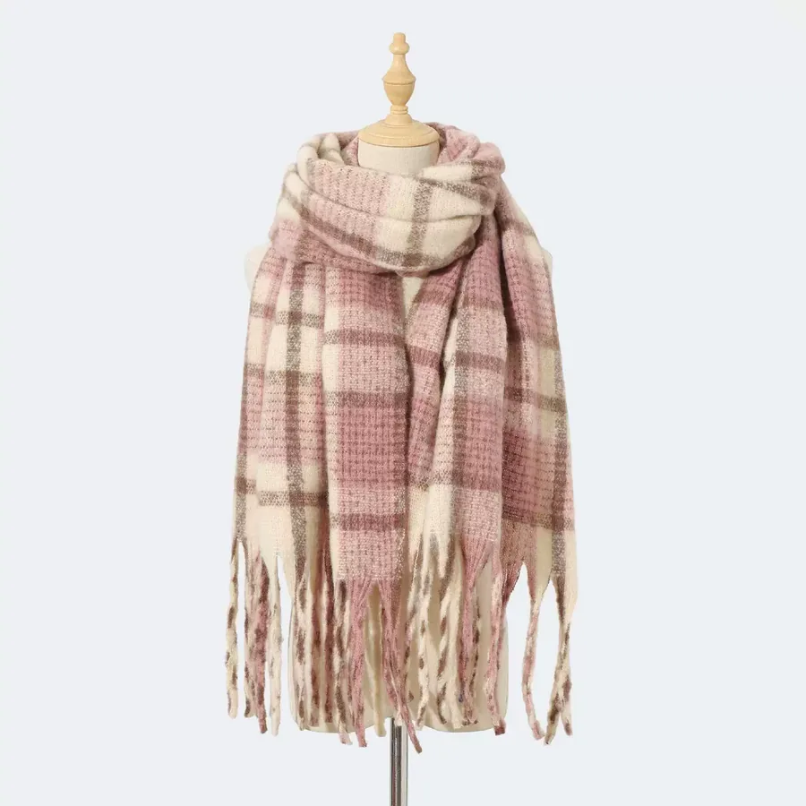 Polyester Mohair Plaid Scarf with Fringe view 7