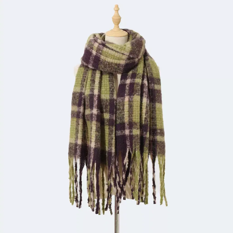 Polyester Mohair Plaid Scarf with Fringe view 8