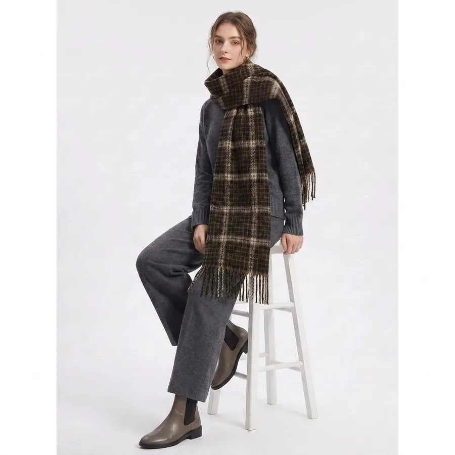 Polyester Plaid Scarf with Fringe view 2