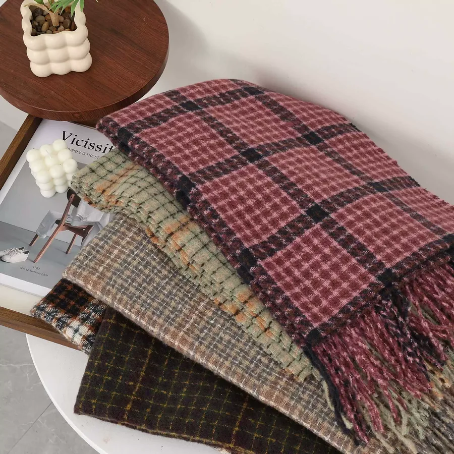 Polyester Plaid Scarf with Fringe view 3