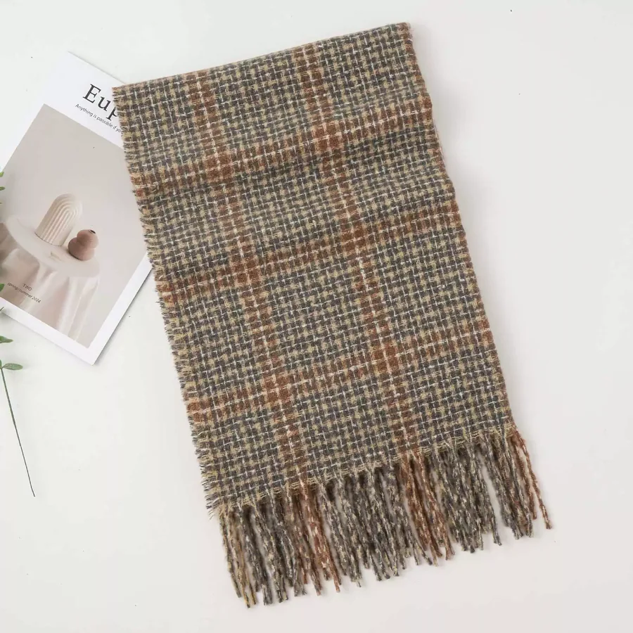 Polyester Plaid Scarf with Fringe view 7