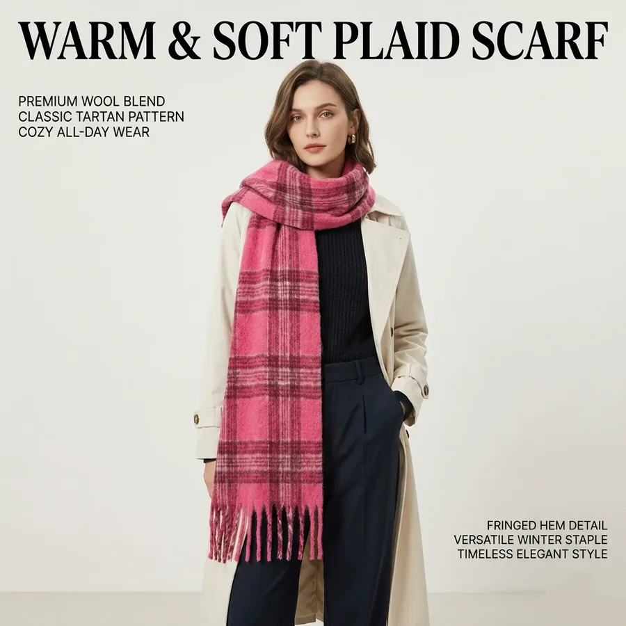 Polyester Plaid Scarf with Fringe