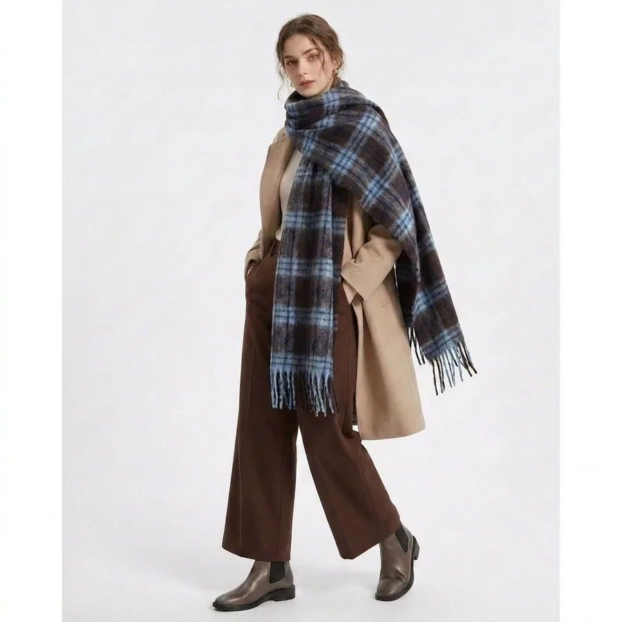 Polyester Plaid Scarf with Fringe