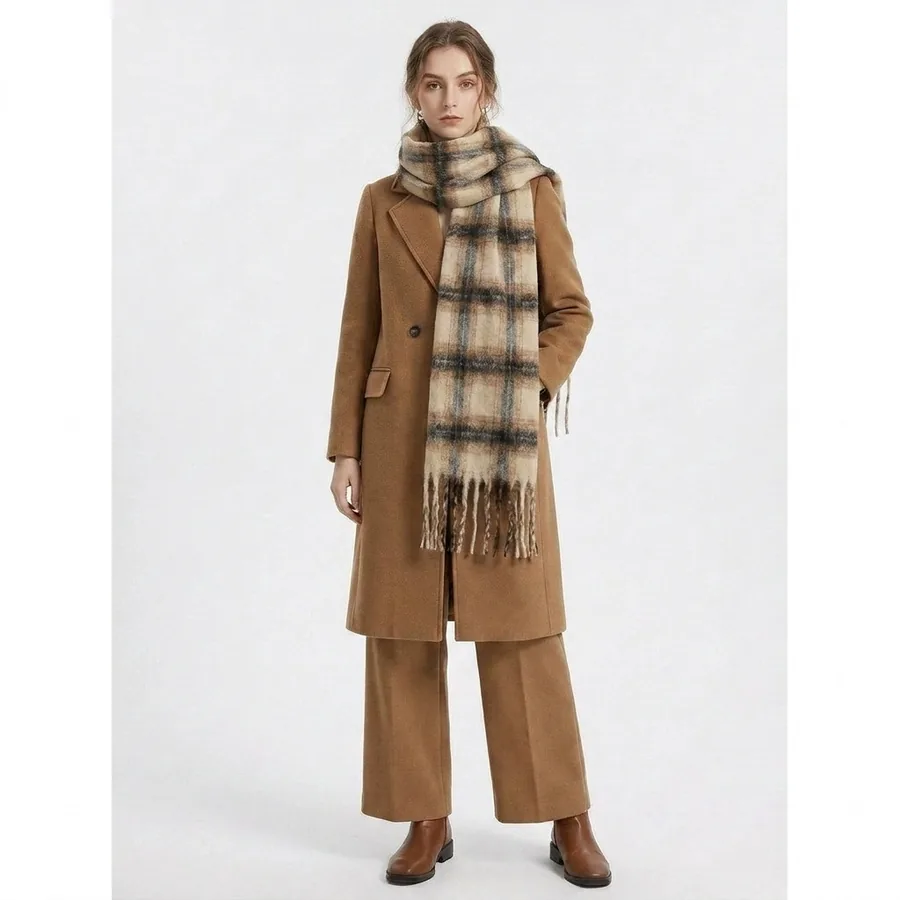 Polyester Plaid Scarf with Fringe