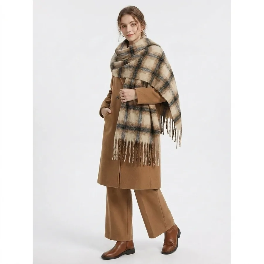 Polyester Plaid Scarf with Fringe view 3