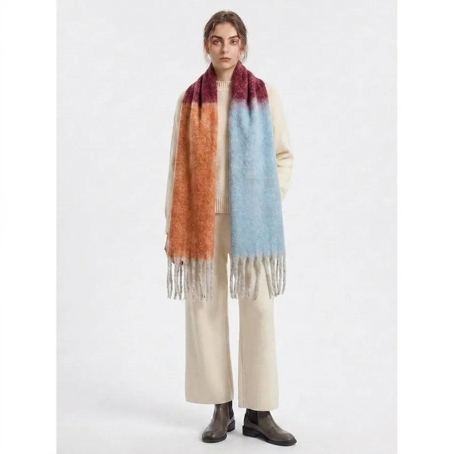 Polyester Rainbow Plaid Scarf with Fringe